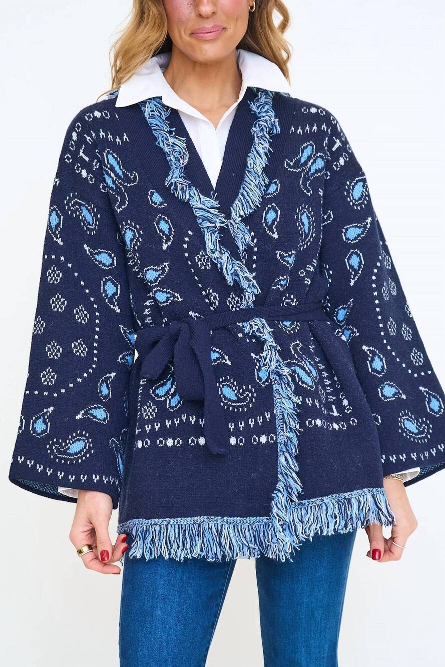NEW SUNDAYUP fringe shawl cardigan in blue